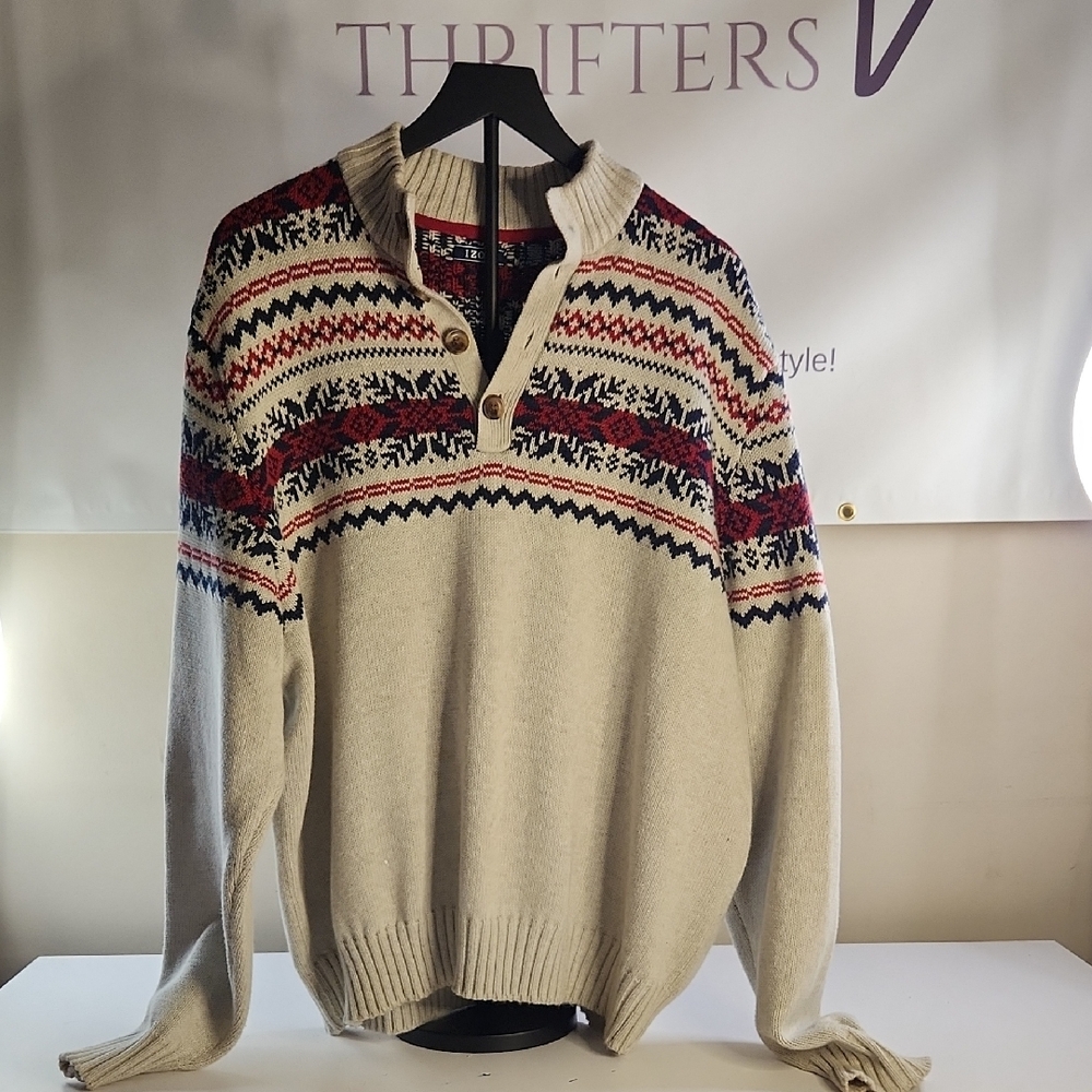 Izod V-Neck Sweater with Red and Navy Pattern